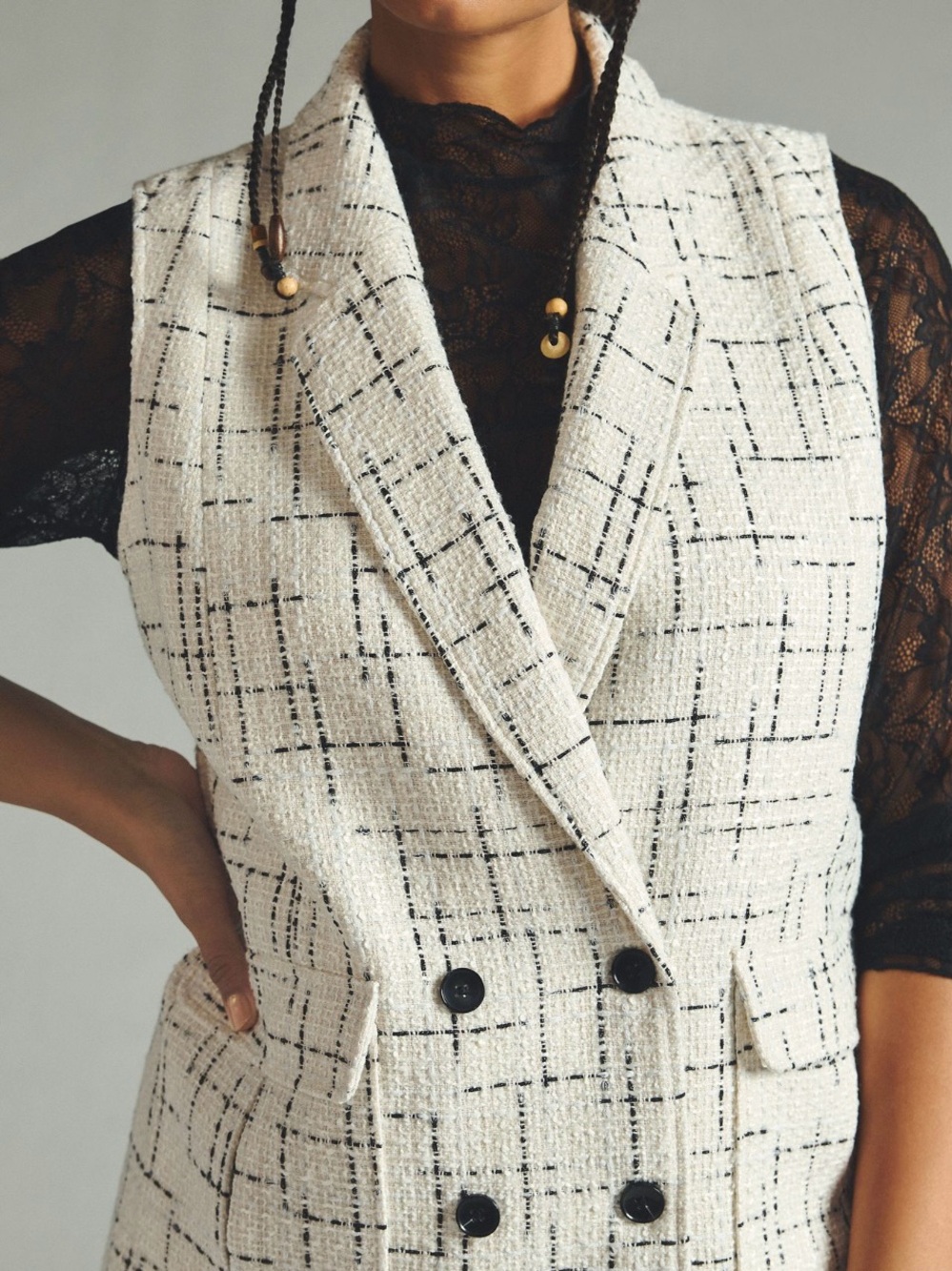 Anthropologie Black and White Tweed Double-Breasted Vest